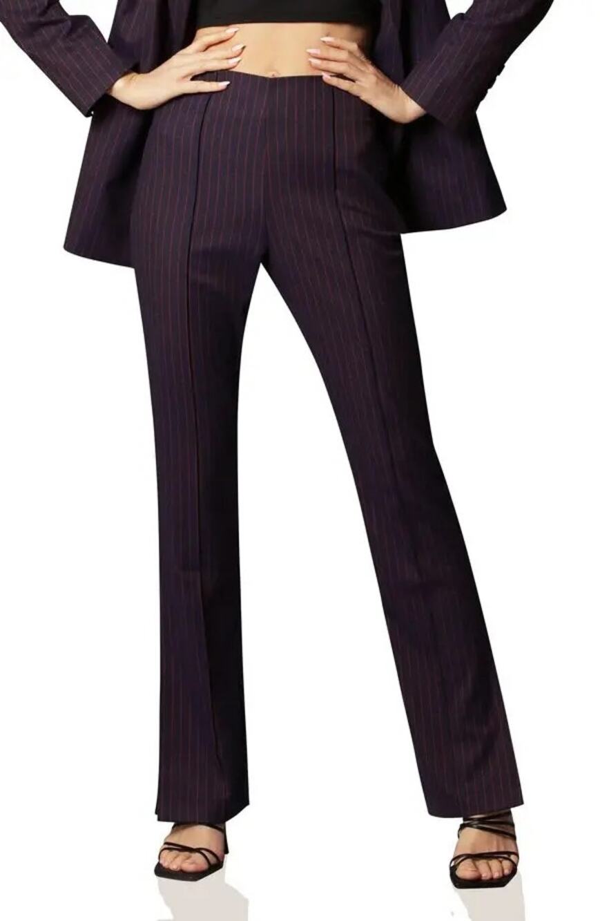 Avec les Filles Pinstripe Slim Fit Split Hem Flare Pants